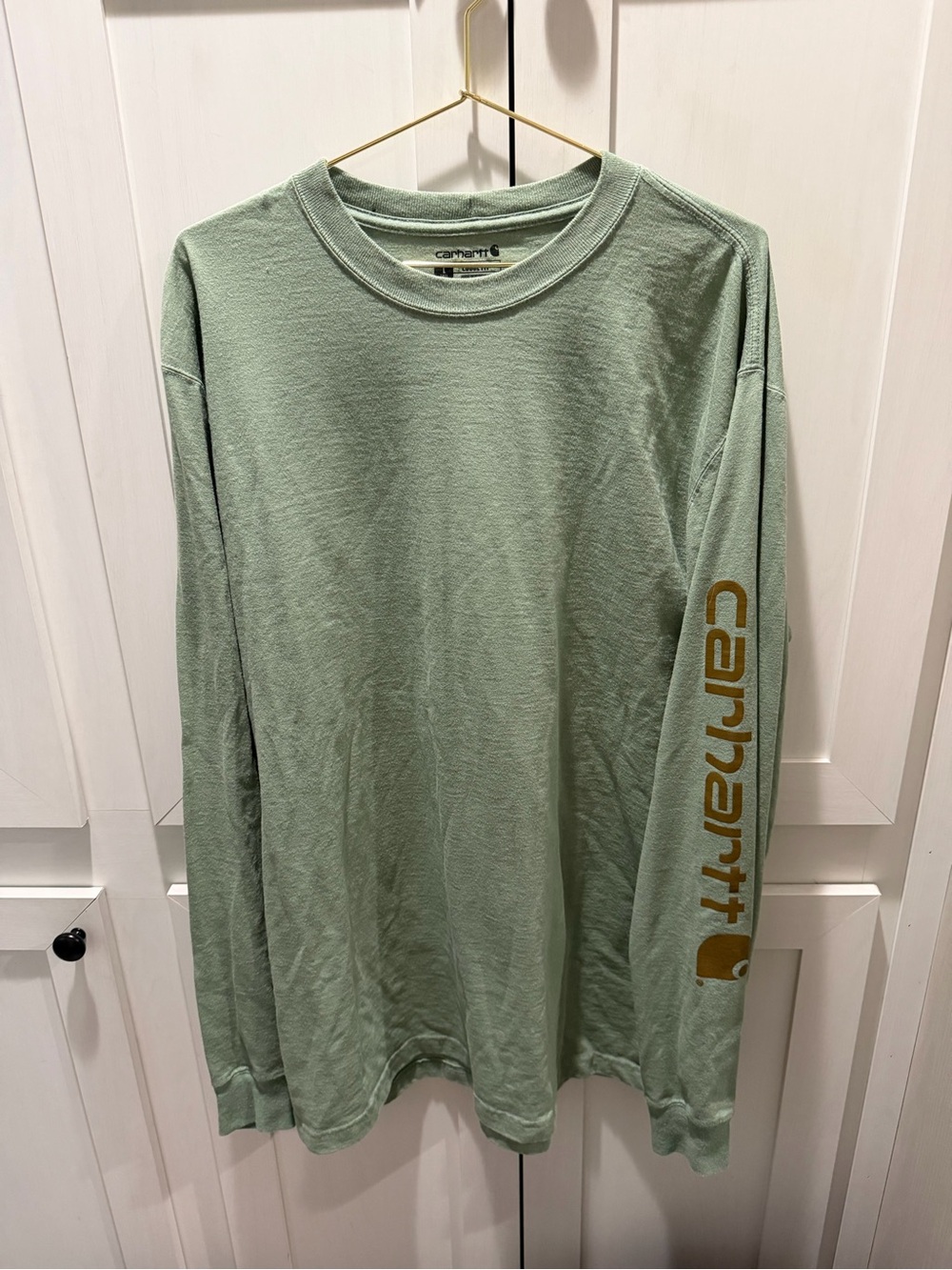 Carhartt Long Sleeve Tee in Sage Green with Gold Sleeve Logo